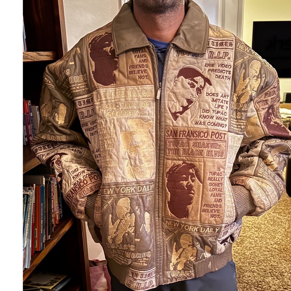 Vintage Raw Flavor Tupac Shakur 2Pac Newspaper Print Leather Jacket Mens 3X